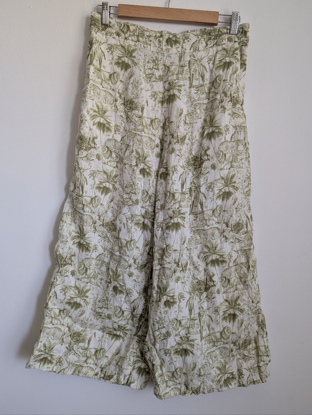 Rachel Zoe 100% Linen Safari Palm Print Wide Leg Pants Green & Cream M - Picture 2 of 5